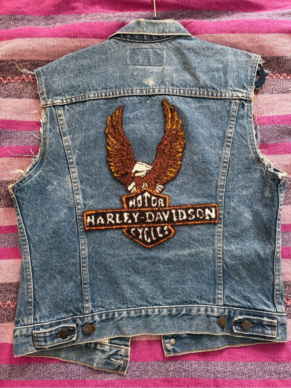 Levi's Blue Denim Vest with Embroidered Eagle Harley-Davidson Patch